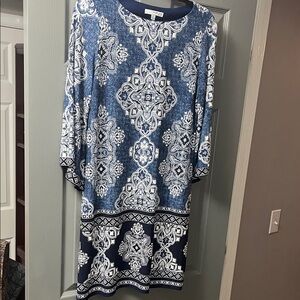 Studio One Blue and White Patterned Long Sleeve Dress